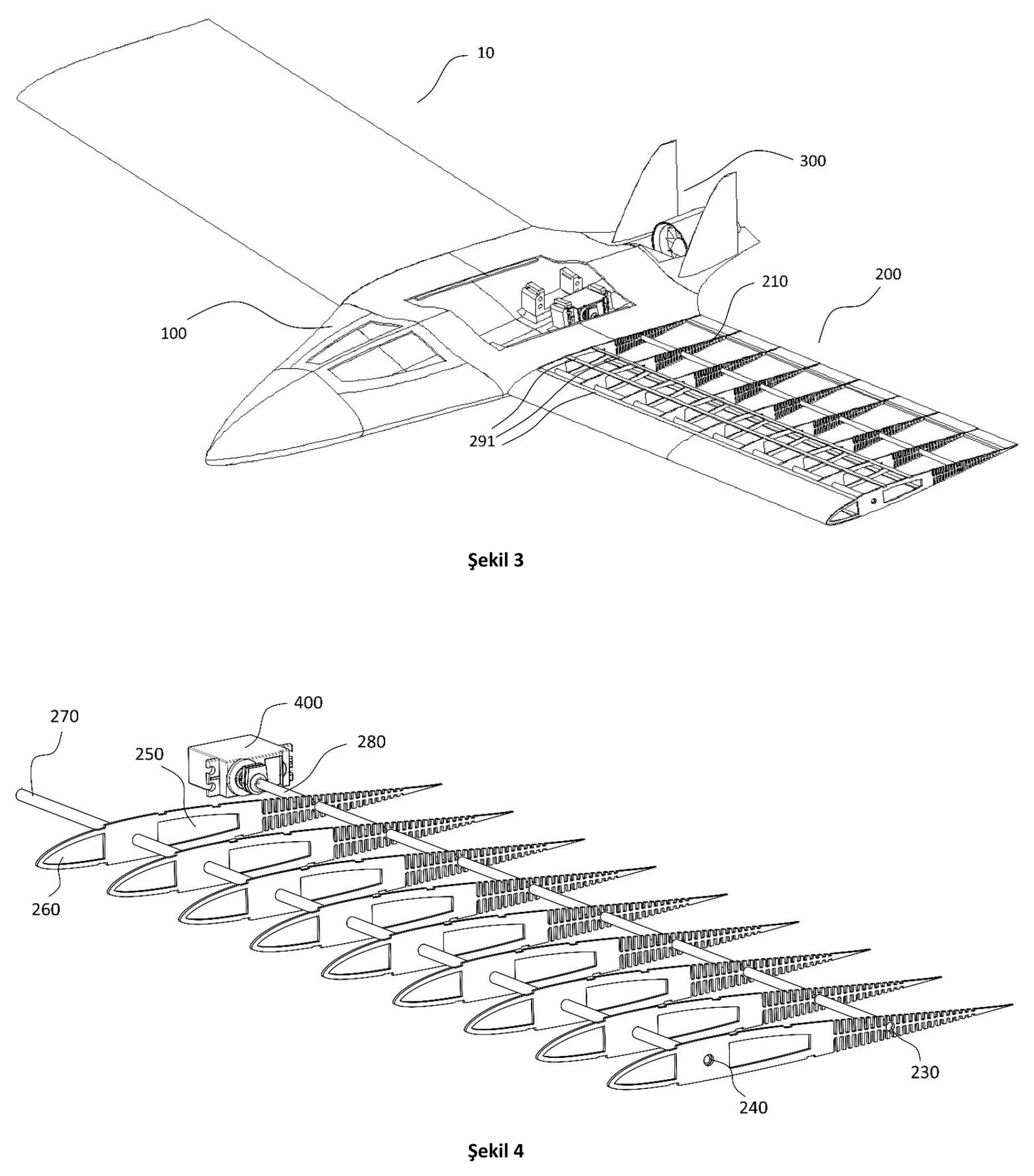 The ribs in the wing of a mini UAV, and the rib set on its spars (patent drawing).